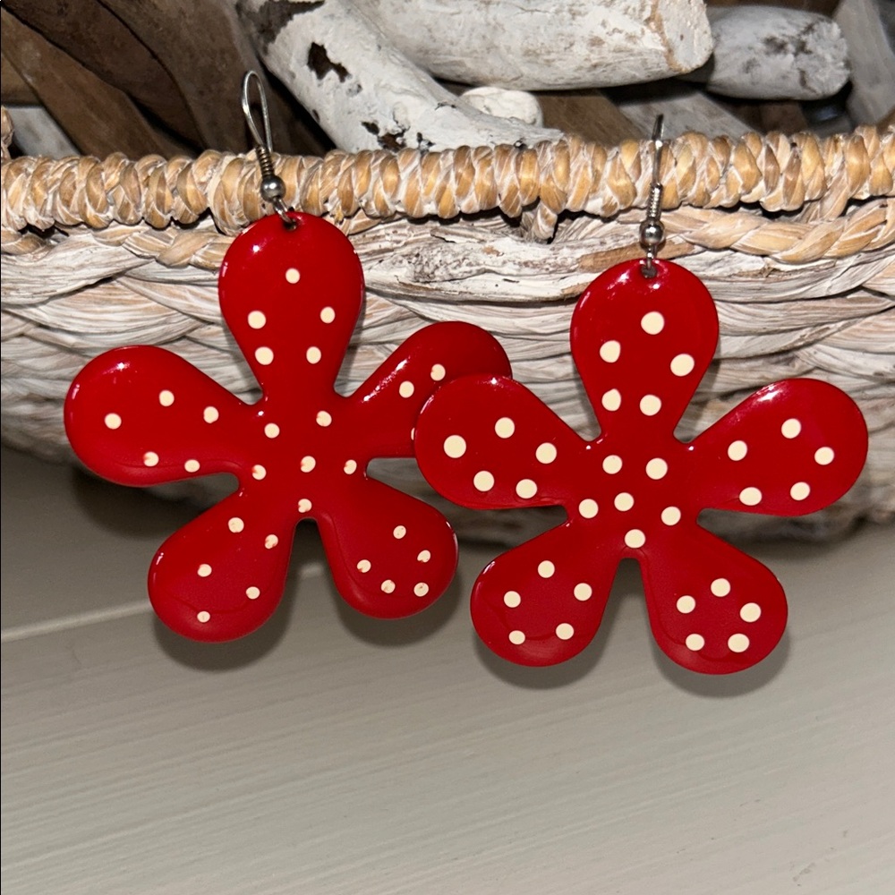 Red Polka Dot Flower Dangle Earrings 3”